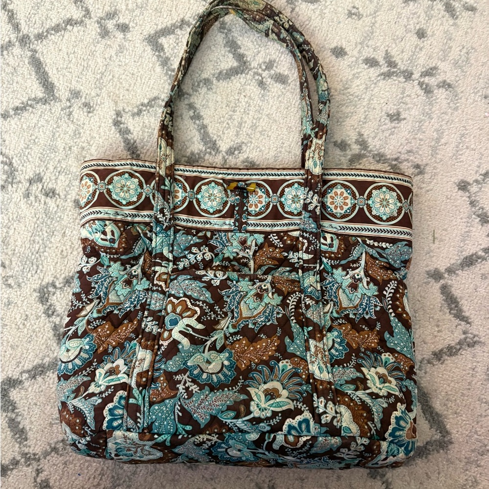 Vera Bradley Java Blue Quilted Tote Bag Retired Pattern Brown Teal Floral